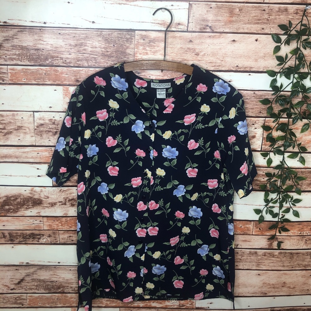 Vintage Floral 80’s Button Notations Blouse Large